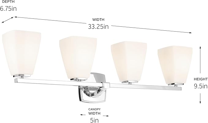 Kichler Marant 4-Light Bathroom Vanity Light Fixture with Opal Glass, Modern Chrome Wall Mount Over Mirror for Powder Room (33.25 in x 9.5 in x 6.75 in), 55217CH