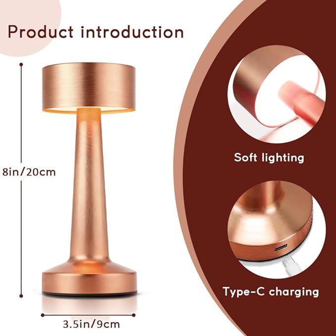 HPUFKOT Portable LED Table Lamp, 3-Levels Brightness Metal Desk Lamp,3 Color Touch Control Rechargeable Lamp, Ideal Bedside Lamp for Nightstand,Bedroom, Living Room (Rose Gold)