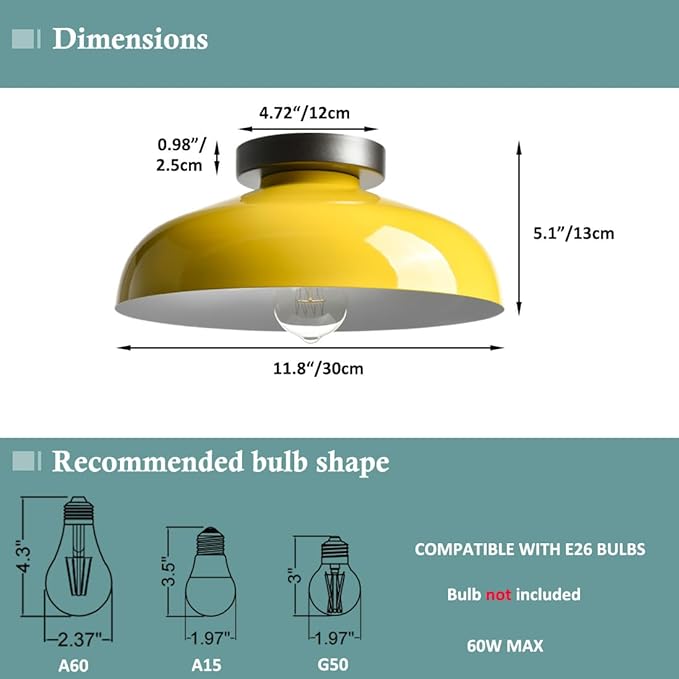 DIRYZON Macarons Yellow Ceiling Light Industrial Mount Fixture with 12-Inch Metal Shade for Bedroom Hallway Porch