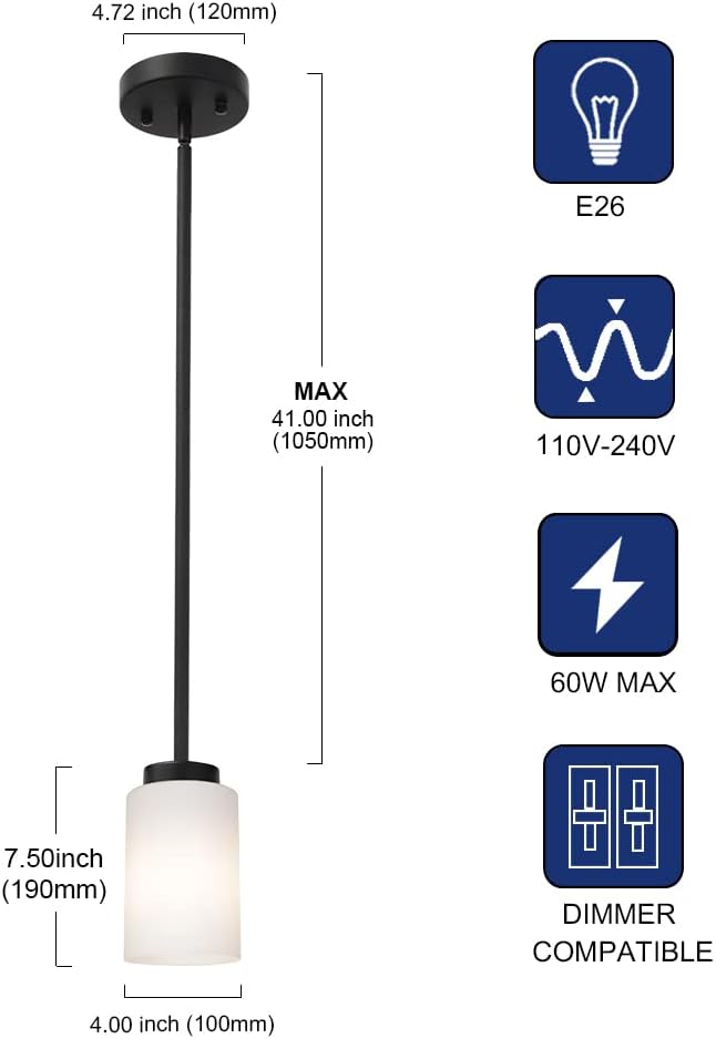 TODOLUZ Black Pendant Light Fixture with Opal White Glass, Farmhouse Mini Chandelier for Kitchen Island Hallway