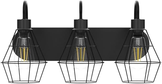 Retro Style Industrial Bathroom Vanity Light 3 Lights, Vintage Matte Black Wall Sconce with Caged, E26 Base Farmhouse Wall Light Fixture for Bathroom Vanity
