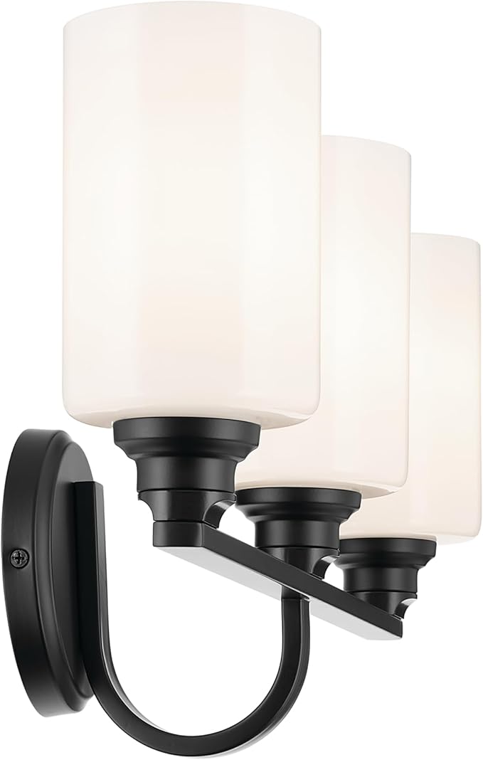 Kichler Gioe 24.25 in 3-Light Bathroom Vanity Light Fixture with Opal Glass in Black, Modern Wall Mount Over Mirror for Powder Room, Damp Rated (24.25 in W x 10.5 in H), 55226BK