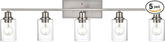VINLUZ 5-Light Bathroom Vanity Light Fixtures in Brushed Nickel Finish Indoor Wall Sconce Lighting Over Mirror with Clear Glass Shade for Living Room, Bedroom, Hallway