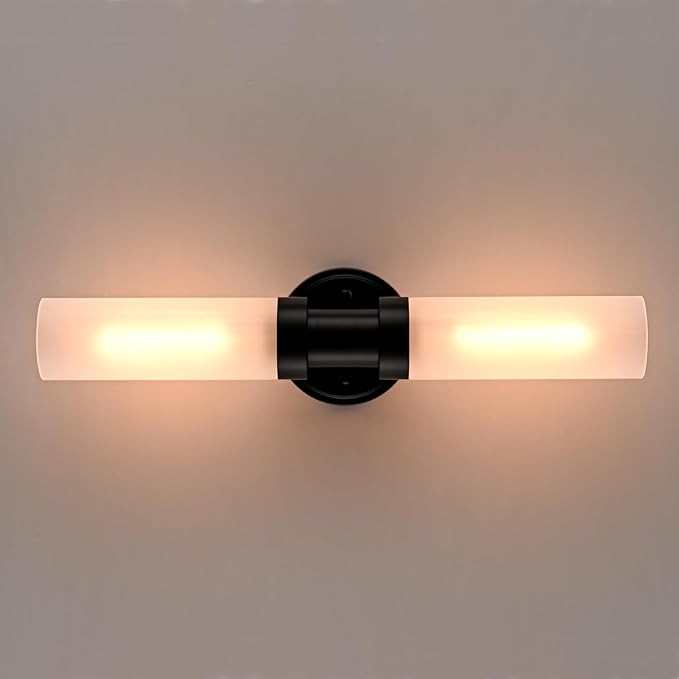 Modern 2-Light Black Wall Sconce, Cylinder Frosted Glass Bathroom Wall Light Fixtures 20-Inch Black Glass Sconces Wall Lighting for Bedroom Living Room Hallway