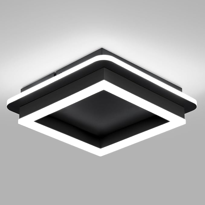 CANEOE Black Modern LED Ceiling Light, Square Flush Mount Ceiling Hallway Light Fxitures, 6000K Cold White Small Close to Ceilings Lamp for Bedroom Hallway Kitchen Balcony Cloakroom