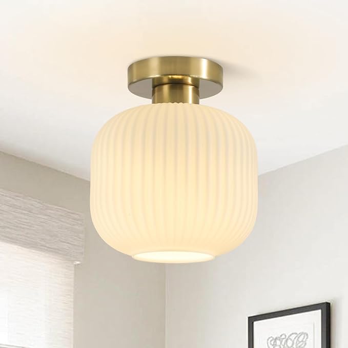 BOKT Modern Ceiling Light Brushed Brass Milk White Ribbed Glass Pendant Light Gold Semi Flush Mount Nursery Light Fixture 7.9" for Hallway, Entrance, Schoolhouse