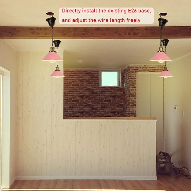 2 Pcs Ceiling Lights Conversion Pendant E26 Base Connections Adjusted Wire Length Cone Metal Pink Lampshade Industrial Style Conversion Kit for E26 Ceiling Lamp Fixtures