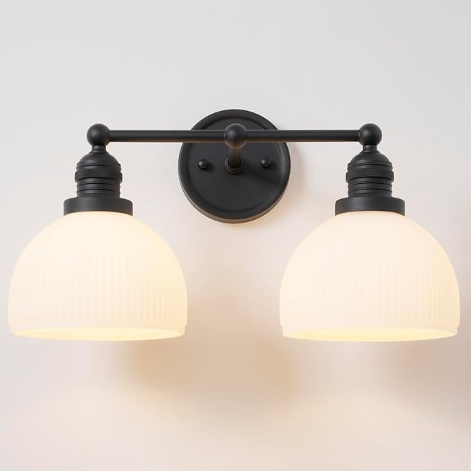 2-Light Wall Sconces,Black Double Bathroom Vanity Light with Milk Glass Minimalist Farmhouse Wall Sconce Light Lamp for Bathroom Mirror Living Room Bedroom Kitchen E26 Hardwire Indoor