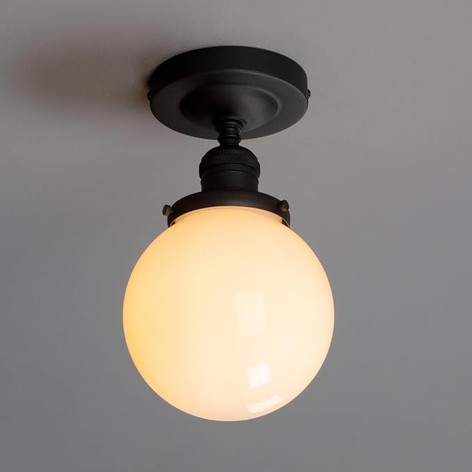 PERMO Modern Semi Flush Mount Ceiling Pendant Light Ceiling Lights with Milk White Globe Glass Lampshade for Bedroom Entryway Corridor (Black)