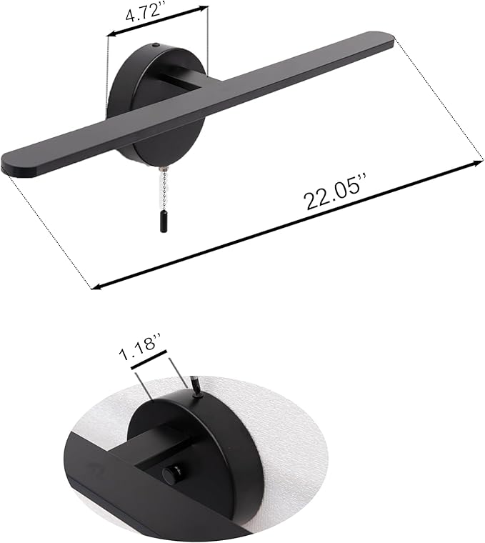 COTULIN 22 inch Black Vanity Light Bar for Bathroom, Matte Black Light Fixtures Over Mirror, Pull Chain in Wall Sconce Lighting, 4000K 12W Picture Light Under the Cabinet Lamp with On Off Switch