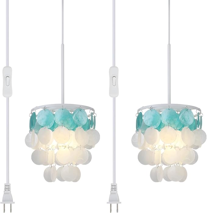 2 Pack Pendant Light Fixtures, 1-Light Plug in Capiz Shell Chandeliers with ON/Off Switch for Kitchen Island, Dining Room, Bedroom Room, Coastal House, White and Blue