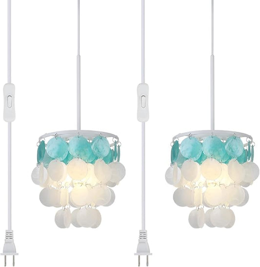 2 Pack Pendant Light Fixtures, 1-Light Plug in Capiz Shell Chandeliers with ON/Off Switch for Kitchen Island, Dining Room, Bedroom Room, Coastal House, White and Blue