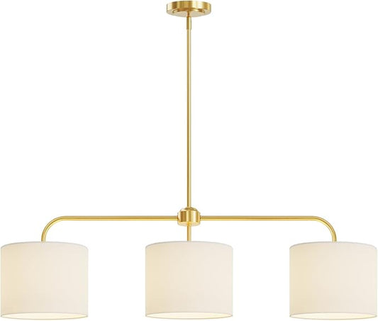 Electro bp 3-Light White Linen Drum Shade Chandelier with Polished Gold Metal Linear Pendant Light Fixture for Kitchen Island, Dining Table, E26, 180W