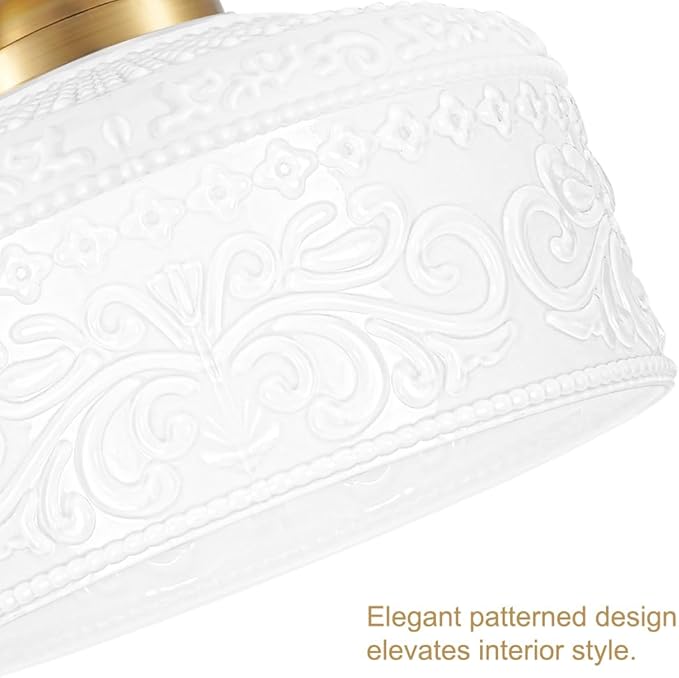 Artistic Gold Handcrafted Semi Flush Mount Ceiling Light - 12 Inch Vintage White Glass Shade with Etched Patterns, Easy Install Small Ceiling Light Fixture for Hallway, Kitchen, Bedroom