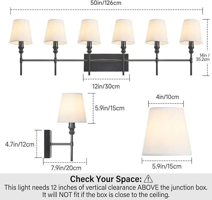 6-Light Black Bathroom Lighting Fixtures Over Mirror,50 in Vintage Bathroom Vanity Lights with Flared White Fabric Lampshade for Bedroom,Living Room,Foyer,2 Styles Modern Wall Sconce E12 Base