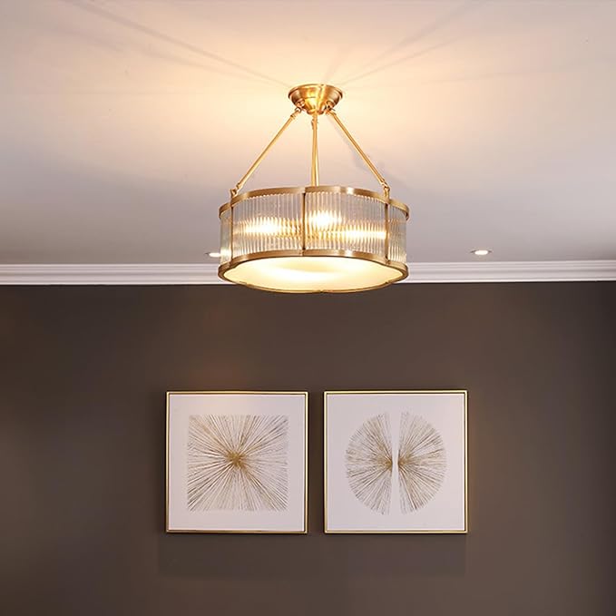 Vintage Semi-Flush Gold Chandelier,Mid-Century Modern Brass Ceiling Light Fixture,Art Deco Floral Ceiling Light,Frosted Glass Ceiling Lamp for Nursery Bedroom Kitchen