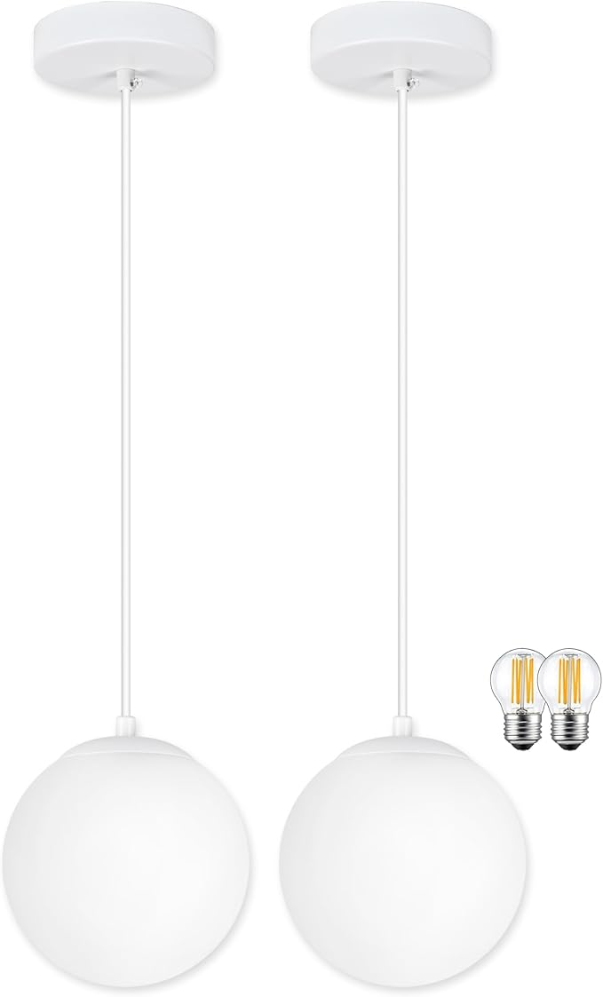 KoKo&Yukina 6 Inch Globe Pendant Light White Globe Pendant Lights Kitchen Island Mid Century Light Fixture with Milky White Glass Shade for Dining Room (2 Pack)