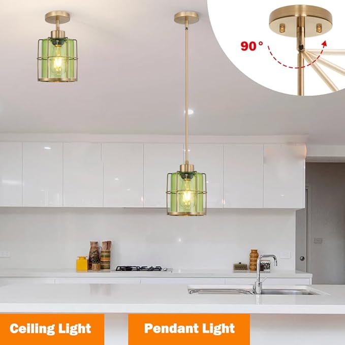Farmhouse Pendant Lights Kitchen Island Set Of 2, Black Kitchen Pendant Lighting Over Sink, Adjustable Bathroom Pendant Lights, Ceiling Hanging Fixture With Green Glass For Dining Room Hallway