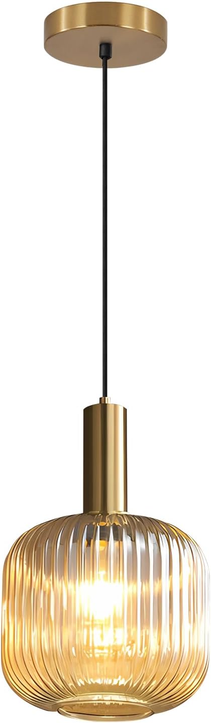 BOKT Modern Large Amber Glass Globe Pendant Light Fixture Brushed Brass Gold Kitchen Island Pendant Lighting Farmhouse Single 1-Light Spherical Ceiling Hanging Pendant Light (Amber)
