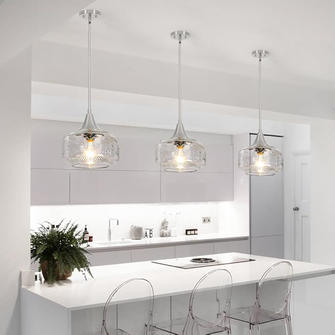Brushed Nickel Pendant Light, Pendant Lights Kitchen Island with Large Globe Glass Lampshade, Pendant Light Fixtures with Adjustable Cable, Hanging Light for Dining Room Bathroom Bedroom, E26 Base