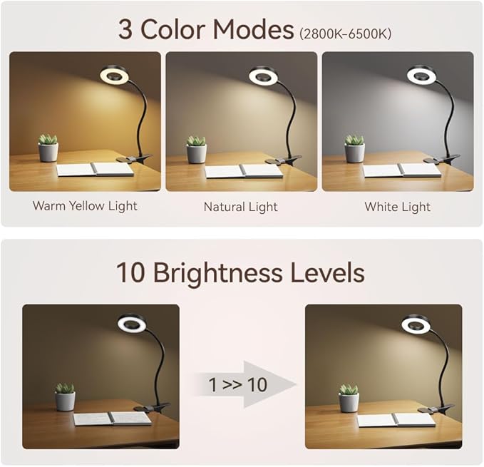 LED Desk Lamp Clip on Light with 3 Color Modes 10 Brightness Ring/Clamp Light 360° Adjustable Neck Dimmable Eye Protection Desk Lamps for Home Office
