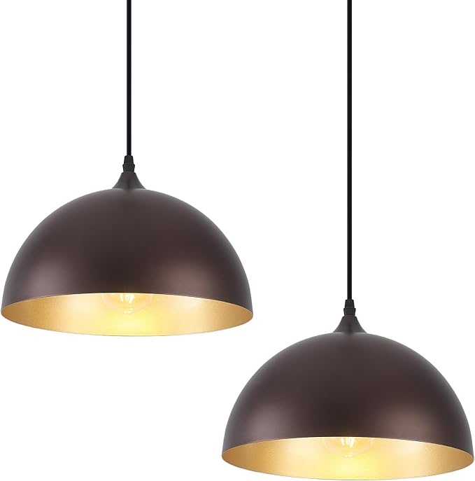 Farmhouse Pendant Light 2 Pack, Vintage Pendant Light Fixtures, Brown Kitchen Pendant Lighting, 11.8 inches Dome Kitchen Pendant Lights, Industrial Pendant Lights for Island Dining Room Bed Room