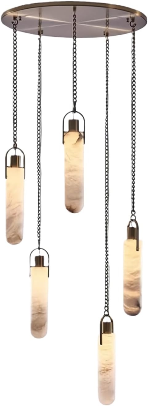 RUIBO Natural Marble 5 Light LED Multi-Drop Hanging Pendant Lighting,Cylinder Alabaster Multi Light Pendant Lights,Living Dining Room Loft Bedroom Modern LED Hanging Lamps(E14)