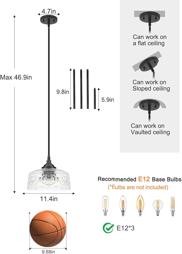 3-Light Adjustable Pendant Lights Kitchen Island, Black Metal & Clear Glass Ceiling Pendant Light, Vintage Drop Lights for Bathroom, Hallway, Convertible Ceiling Mount Or Hanging Fixture, 90°Swivel