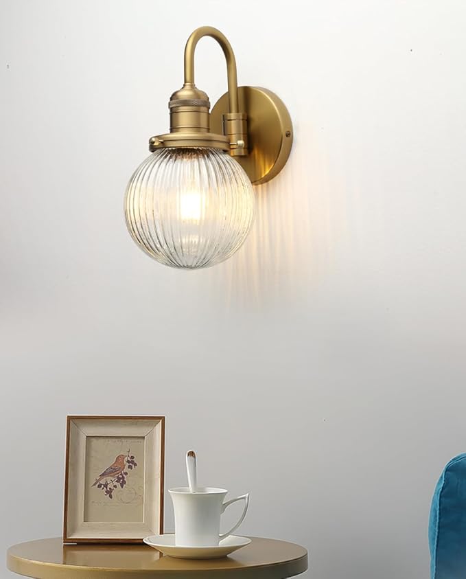 Industrial Vintage 1-Light Wall Sconce with 5.9" Round Ribbed Clear Glass Globe Lampshade, U-Shaped Indoor Wall Mounted Lamp Fixture for Bedroom Living Room Bathroom Vanity