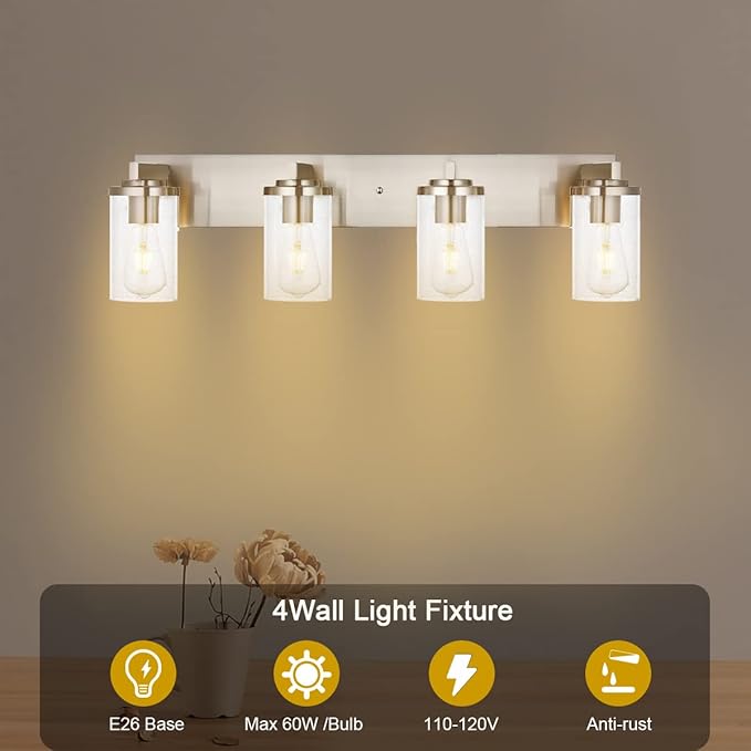 BONLICHT 4-Light Bathroom Light Fixtures Brushed Nickel Wall Sconce Lighting Modern Vanity Lights with Seeded Glass, Industrial Bathroom Farmhouse Wall Lamp for Mirror Kitchen Bedroom Living Room