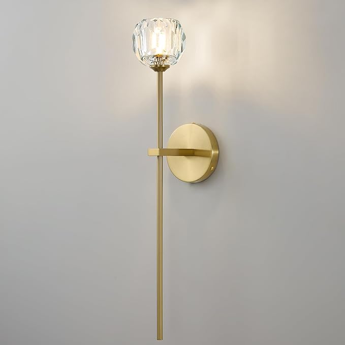 Gold Crystal Wall Sconces with G9 Bulbs, Mid Century Modern Diamond Decor Light Brass Vintage Long Lighting Fixture Hardwired for Elegant Vanity Living Room Bedroom Bathroom Hallway
