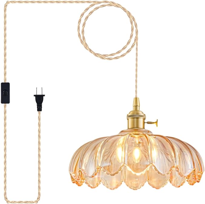 Plug in Pendant Light Fixtures, Hanging Light Fixture Glass Pendant Light, Vintage Amber Hanging Lamp, Pendant Lighting for Kitchen Island, Bedroom, Dining Room, Living Room