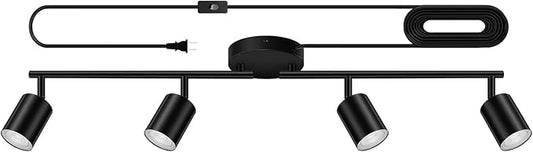 Plug in Track Lighting, LED Track Lighting Fixtures Ceiling, Black 4-Light Kitchen Light Kit, Plug in Wall Light with 14.8ft Power Cord, Rotatable Ceiling Spotlight for Bedroom(GU10 Socket, NO Bulb)