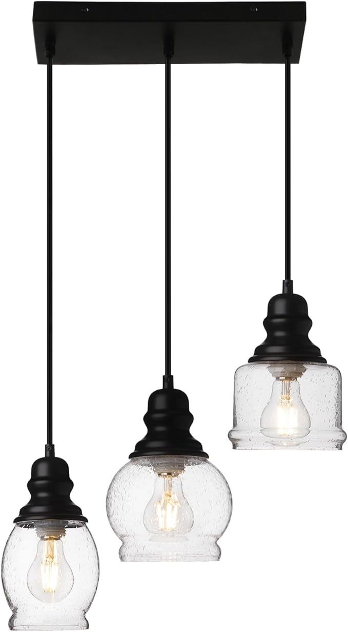 WILON Industrial Pendant Lighting, Pendant Lights for Kitchen Island 3 Light Glass Pendant Light Fixture with Seeded Glass Shade, Adjustable Cord Farmhouse Ceiling Light Black finish Linear Chandelier