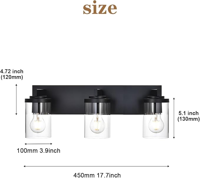 BONLICHT Modern 3-Light Vanity Light Fixture Black Bathroom Wall Light Over Mirror with Clear Glass Shade, Rustic Vintage Wall Sconce Lighting Farmhouse Wall Mounted Lamp for Powder Room Hallway