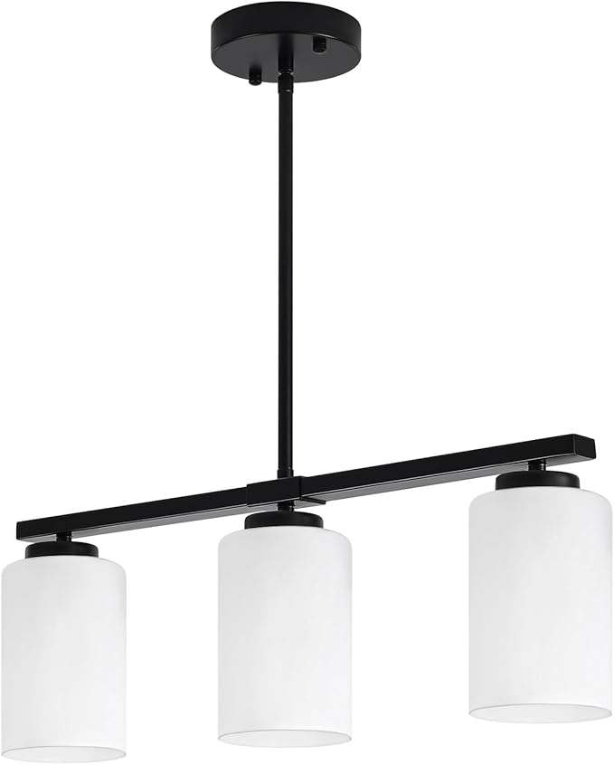 3-Light Modern Island Lights for Kitchen, Black Dining Room Light Fixtures Farmhouse Linear Chandeliers Over Table, White Frosted Glass Adjustable Hanging Light Kitchen Pendant Lighting Over Island