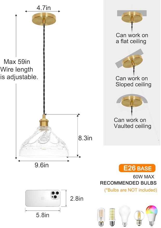Vintage Pendant Lights for Kitchen with Clear Embossed Glass Shade, Brushed Gold Pendant Lights Kitchen Island, Adjustable Light Pendant Hanging Light for Entrance Bedroom Hallway,E26 Socket