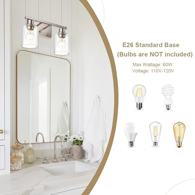 VINLUZ Modern Bathroom Vanity Light,2 Light Industrial Wall Sconces in Brushed Nickel Finish Indoor Metal Base Wall Mounted Fixture with Clear Glass Shade