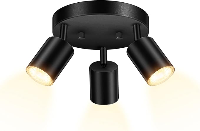 LED 3 Light Track Lighting Kit, LED Track Lighting Fixtures, Black Round Ceiling Spot Lighting, Flexibly Rotatable Light Head for Kitchen, Living Room, Bedroom, GU10 Bulb Not Included