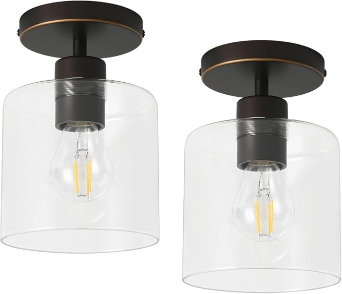 Brown and Gold Semi Flush Mount Ceiling Light,Modern Farmhouse Ceiling Light Fixture for Closet Entryway,Hallway Light Fixture 5.9in Clear Glass Shade 2 Pack