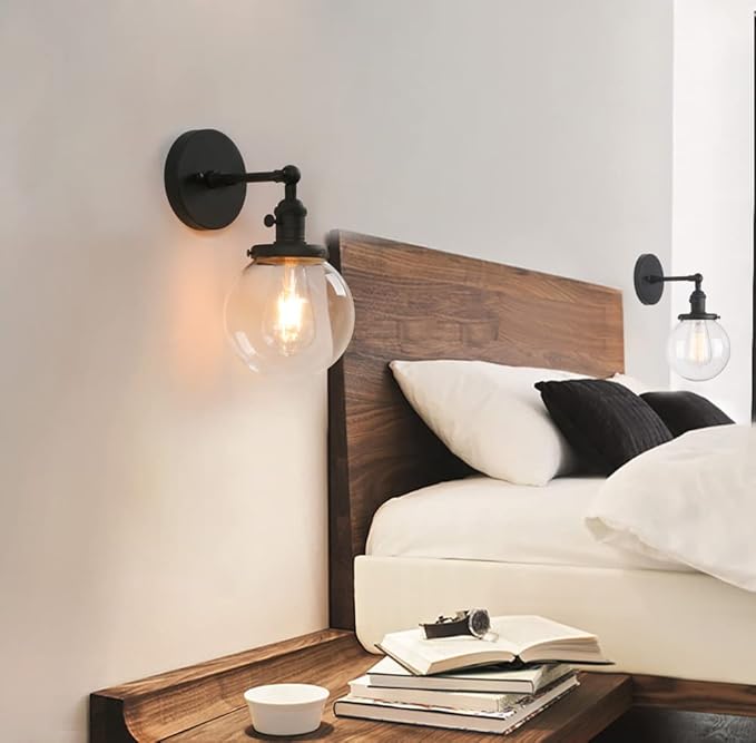 Phansthy Black Bathroom Light Fixture Single Industrial Wall Sconce with 5.9 Inches Globe Lampshade