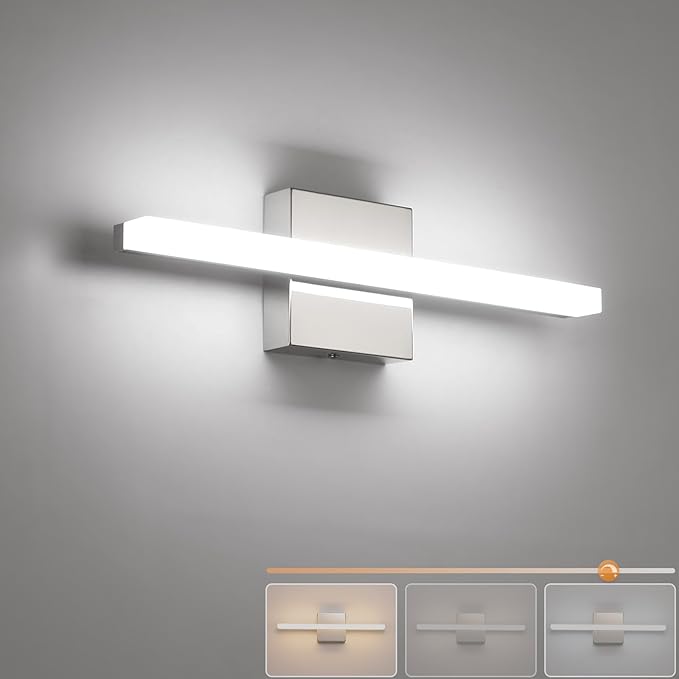 Combuh 16Inch LED Bathroom Vanity Light Bar Color Changing 3CCT Dimmable Shining Over Mirror Lighting Fixture Indoor Wall Sconces Modern 9W Chrome