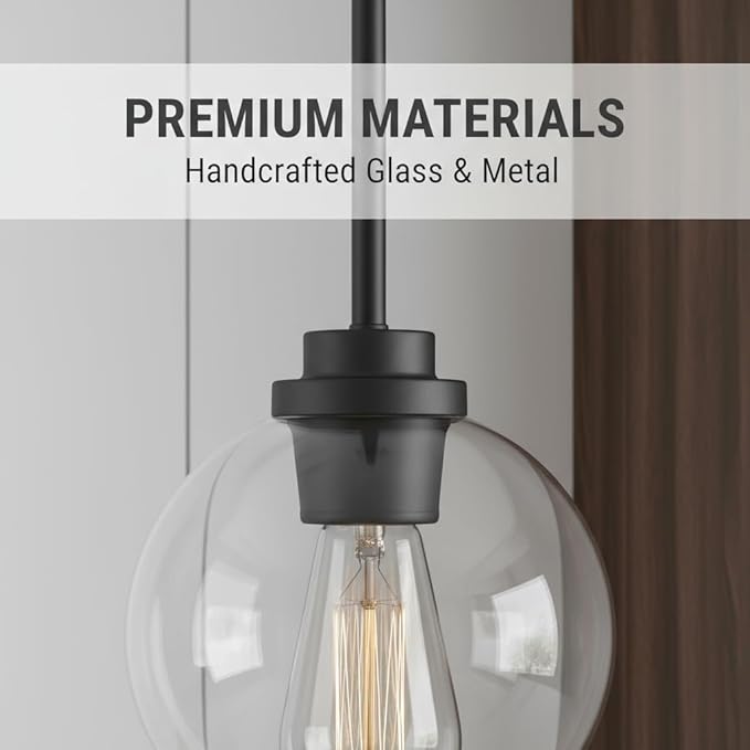 Globe Pendant Light – 7 Inch Clear Glass Modern Hanging Fixture, Black Finish Adjustable Height & Sloped Ceiling Compatible for Kitchen Island Dining Room Bedroom Hallway Farmhouse, 1 Pack