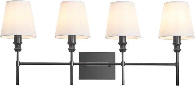 Black Bathroom Vanity Light 4 Light，32.3In Vintage Bathroom Light Fixtures Over Mirror,Hardwired Vanity Wall Sconce with Flared White Fabric Lampshade for Bedroom,Living Room,Foyer,E12 Base