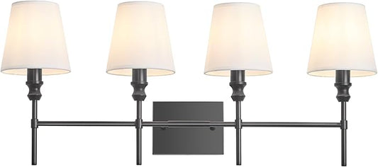 Black Bathroom Vanity Light 4 Light，32.3In Vintage Bathroom Light Fixtures Over Mirror,Hardwired Vanity Wall Sconce with Flared White Fabric Lampshade for Bedroom,Living Room,Foyer,E12 Base