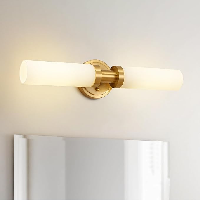 SANTOSTOCK Gold Bathroom Light Fixtures Modern Vanity Lights W/White Glass Shade, 2-Light Sconces Wall Lighting for Mirror Kitchen Bedroom Hallway, Brushed Brass Gold Wall Decor Wall Mount Lamp