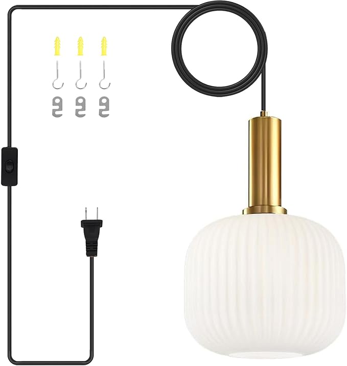 Mid Century Modern Plug in Hanging Light Milk Glass Pendant Light White and Gold Hanging Lamp Plug in Chandelier Lighting with Long Cord for Bedroom Living Room Dining Room Kitchen