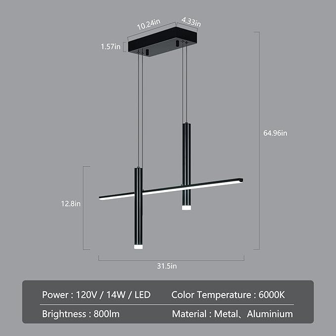 Modern LED Linear Pendant Light with Dual Spotlights Dimmable 6000K Pendant Lights Kitchen Island Plated Black Chandeliers for Dining Room Table Living Room Bedroom(L31.5in)