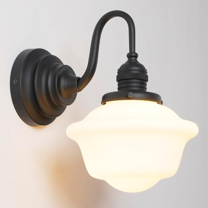 Vintage Wall Sconce Light Hardwire Black Bathroom Vanity Light with Frosted Milk White Gyro Glass Shade Modern Farmhouse Wall Lamp Fixture for Bathroom Mirror Living Room Bedroom Indoor