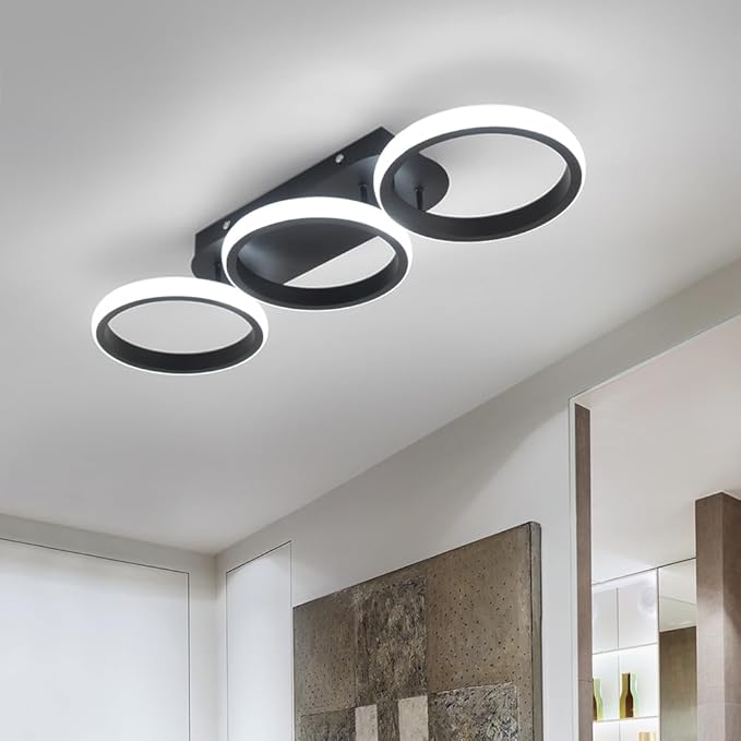 Modern LED Ceiling Light, 3-Round Rings Flush Mount, 30W 6000K Cool White, Bedroom Living Room Kitchen Office Lighting